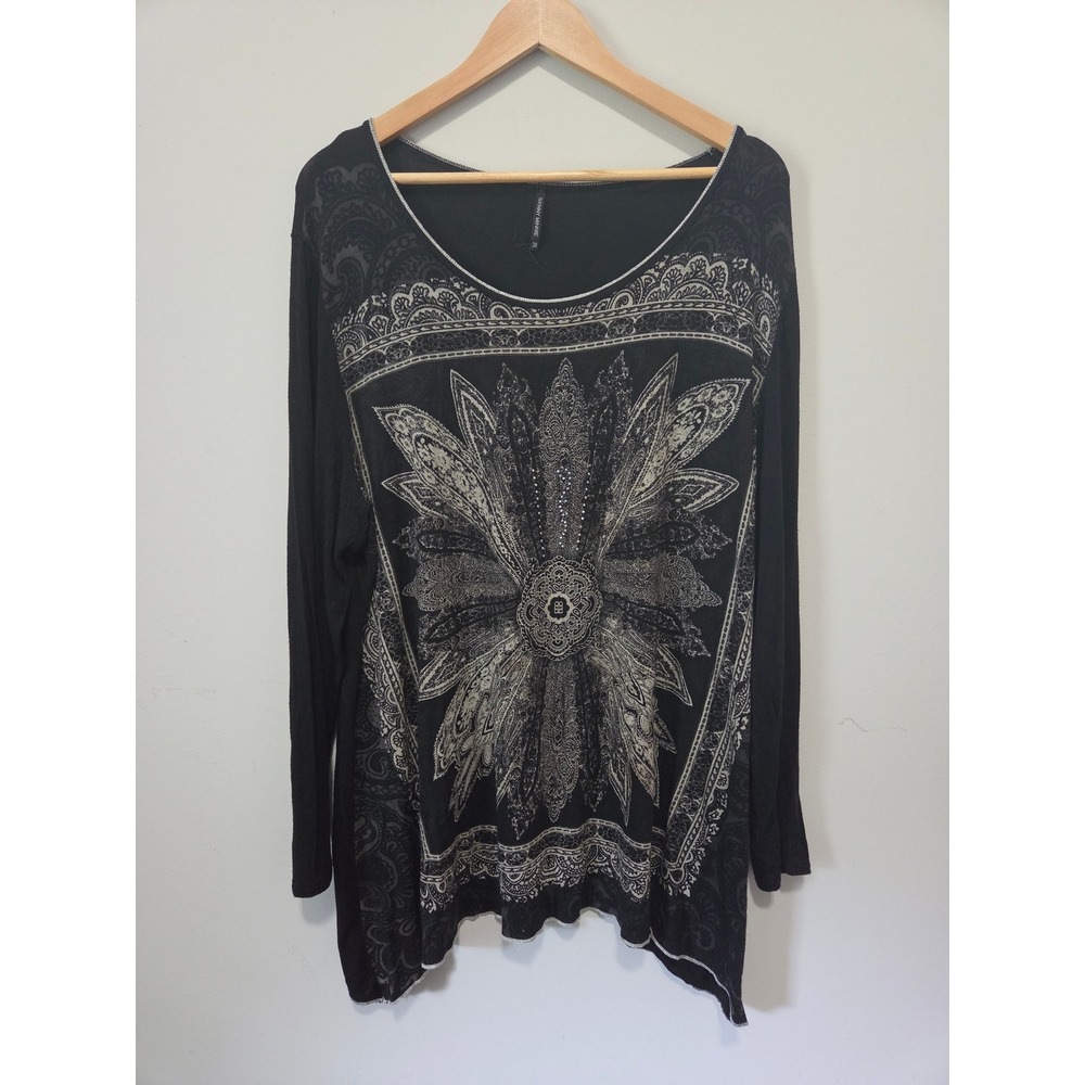 Skinny Minnie Womens 3X Black Boho Graphic Long Sleeve Top Rhinestone VS4183E